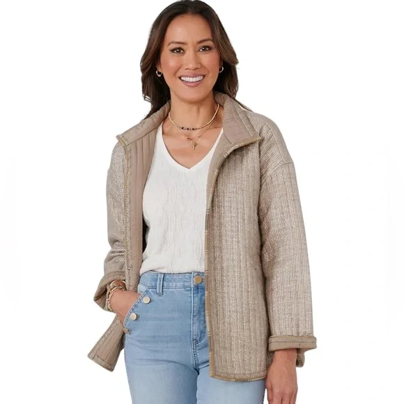 🥳Democracy Gold Taupe Quilted Long Sleeve Jacket - Picture 1 of 4